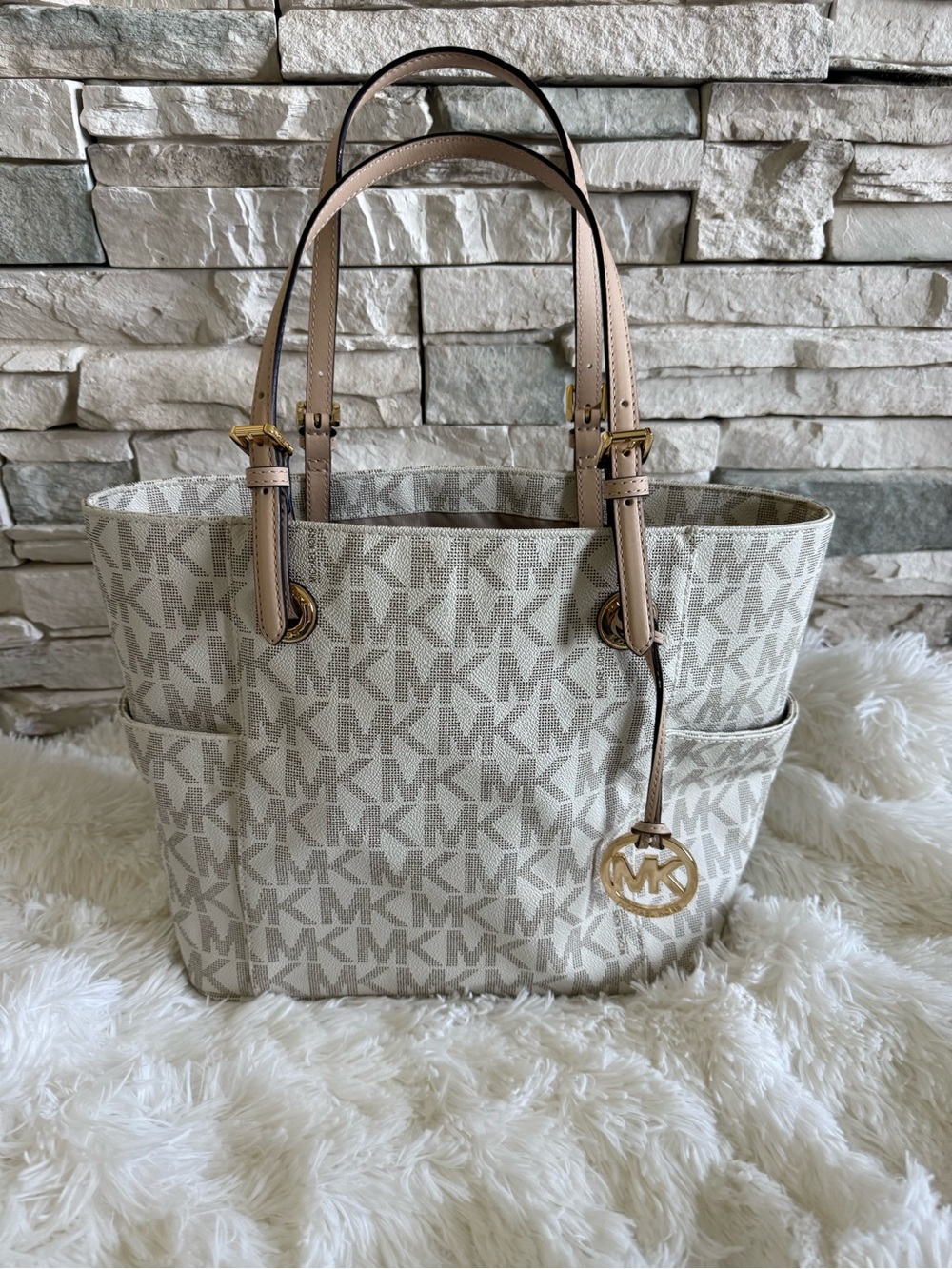 Michael Kors Beige Logo Tote with Pale Pink Handles and Gold Hardware